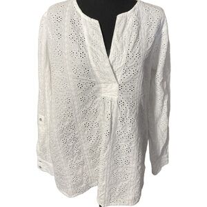 Christian Siriano White Eyelet Lace Pattern  Button Cuffs Blouse Size L